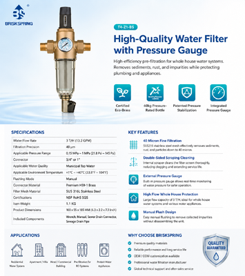 BriskSpring Filtro de água manual para toda a casa com 40 microns de malha de aço inoxidável medidor de pressão integrado e conector premium H59-1 de latão