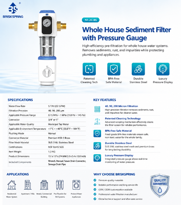 Filtro de Sedimentos BriskSpring N1-2C-BS para Toda a Casa com Filtração de 40 Mícron e Malha de Aço Inoxidável SUS316L