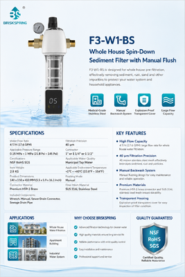 BriskSpring F3-W1-BS Filtro de Sedimentos de Descarga Completa para Toda la Casa con Malla de Acero Inoxidable SUS316L de Filtración de 40 Micras y Manómetro Integrado