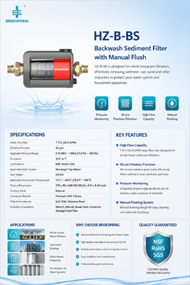 BriskSpring HZ-B-BS 40 Microns Prefiltro de sedimentos de toda a casa com malha de aço inoxidável SUS316L e 7 T/H de alta capacidade de fluxo
