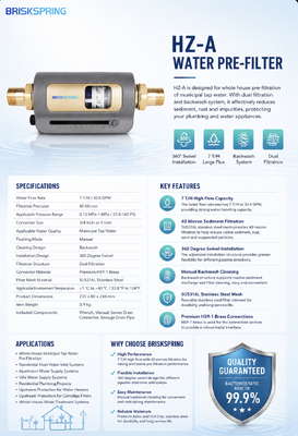 Filtro de Sedimentos Pré-Filtro para Casa Inteira BriskSpring HZ-A 7 T/H 40 Mícron com Instalação Giratória de 360 Graus