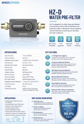 BriskSpring HZ-D 40 Microns Prefiltro de Sedimentos de Casa Inteira com 7 T/H de Fluxo e Instalação giratória de 360 graus